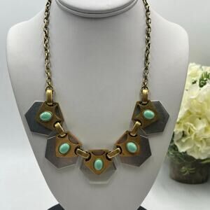 J. Crew Vintage Goldtone Silver Geometric Turquoise Cabochon Egyptian Necklace